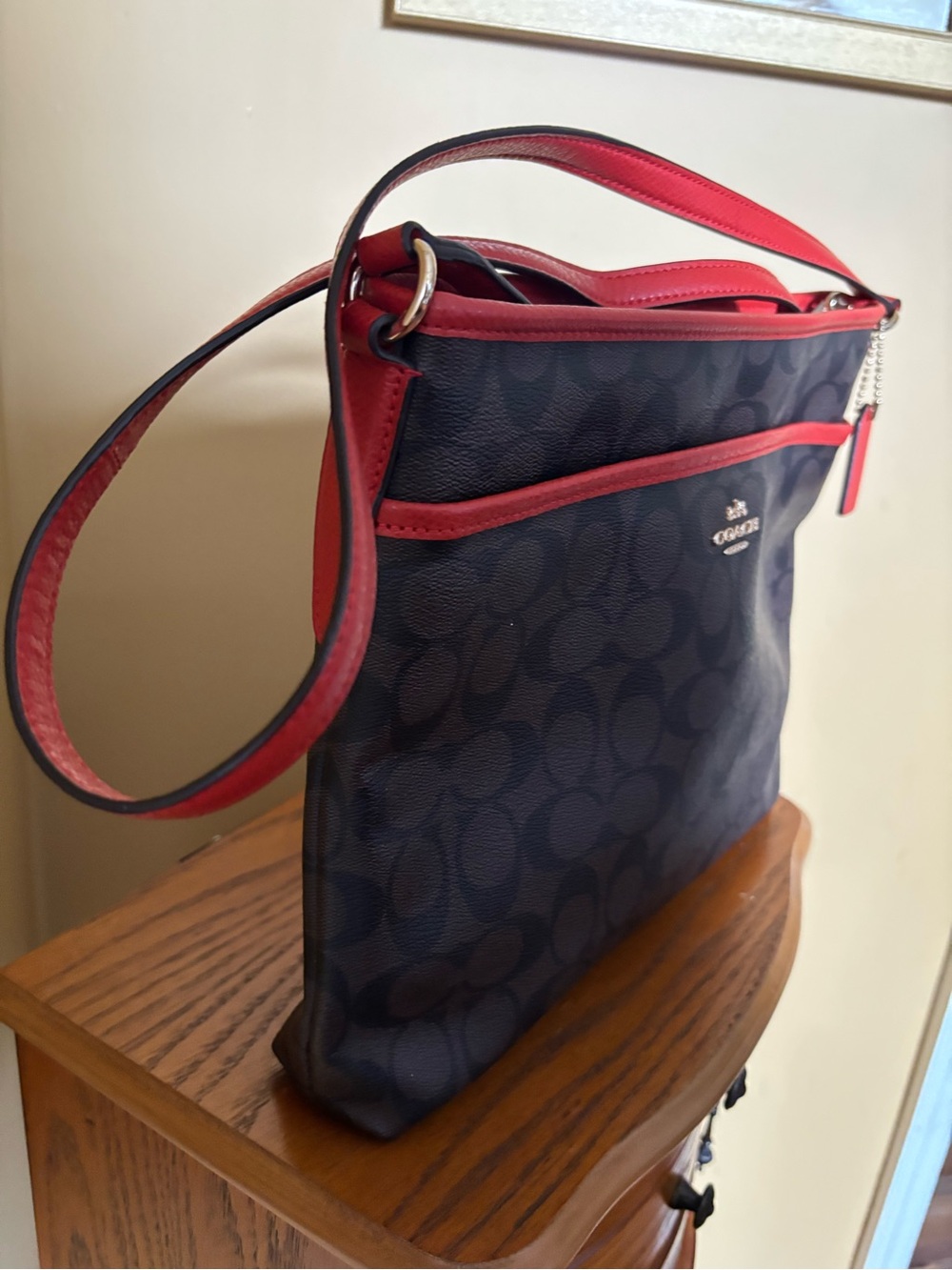 Coach Dark Brown Signature Canvas Shoulder Bag with Dark Orange Trim - Picture 3 of 16